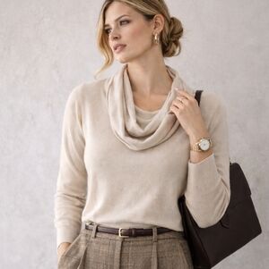 Vintage Cream Cowl Neck Silk Cashmere Blend Knit Sweater Old Money Office Siren